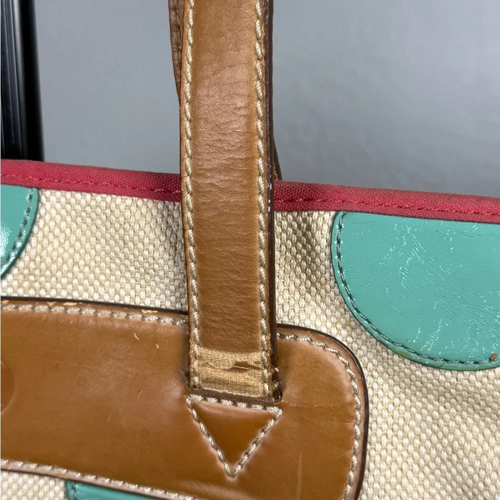 Fossil Y2K Canvas & Leather Teal Polka Dot Tote Bag